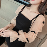 Kukombo Graduation Gift Big Sale  French Elegant Party Night Woman Mini Dress Patchwork Mesh Puff Sleeve Bow Sweet Girls Black Short Dresses Women Clothes Vestido K67