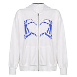 Kukombo Finger Skeleton Print Zip Up Hoodie Women Casual White Oversized Sweatshirts Hooded Outerwear Autumn Loose Jackets