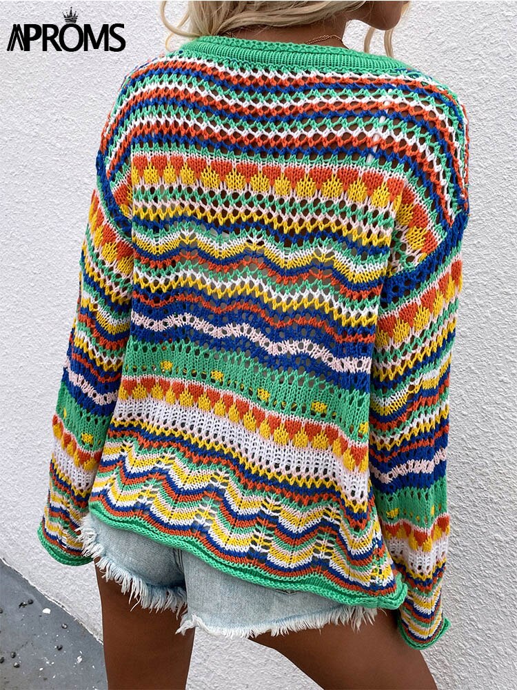Christmas Gift Aproms Elegant Rainbow Colored Long Sleeve Knit Cardigan Women Autumn Hollow Out Oversized Sweater Female Fashion Outerwear 2021