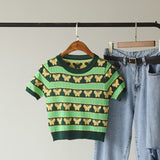 Kukombo summer short sleeve sweaters for women vintage Avocado green heart pattern knitted top crop knitwear ladies jumpers