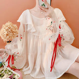 Kukombo French Palace Lantern Sleeve Chiffon Shirts With Vest Women Fairy Embroidered Mesh Blouse Loose Ruffled Long-Sleeved Tops