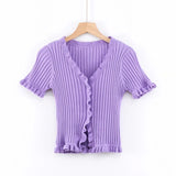 Kukombo Christmas Gift Summer Women Harajuku Knitted Short Ruffles Sleeve Shirt Crop Top Street Wear Femme Knit Skinny Tee Shirt Women
