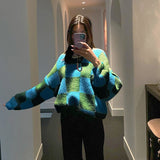 Kukombo Geometric Cube Pullovers Sweaters Autumn Winter Loose Oversized O-Neck Contrast Color Knitted Sweaters Korean College Jumper