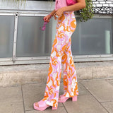 Kukombo Bohemian Style Floral Pants Holiday Slim High Waisted Trousers Vintage Elastic Waist Wide Lege Pants Women 2022 Harajuku-0505