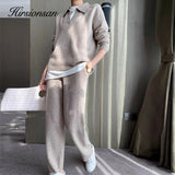 Christmas Gift Hirsionsan Cashmere Turn Down Neck Knitted Sets Women 2021 Winter Casual Two Pieces Sweater and Pants Loose Outfits Tracksuit