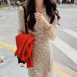 Christmas Gift BGTEEVER Vintage V-neck Buttons Lace-up Female Chiffon Dress Full Sleeve Midi Dress Elegant Casual Floral Print Women Dress 2021