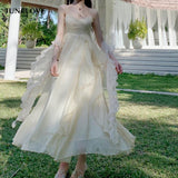 Kukombo  2022 Summer Women Maxi Long Sundress Suspenders Solid Ruffls Fairy Vestidos Long Elegant Feminine Holiday Beach Romantic Dress