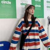 Christmas Gift College Style Striped Loose T-shirt Woman Korean Long Sleeve Loose Oversized Tees Women Simple Autumn Slim Women's Top 2XL 2021