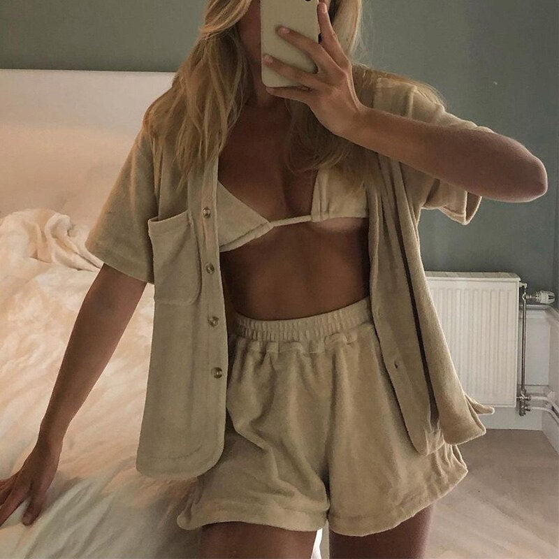 Christmas Gift 2021 Summer Casual Women Set Short Sleeve Top Shirt Khaki Loose And Mini Shorts Two Piece Set Sexy Y2K Tracksuit Fashion