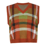 Christmas Gift HEYounGIRL Checkered Sweater Vest Women Plaid Casual Sleeveless Knitted Vests Ladies Preppy Style V Neck Pullover Autumn