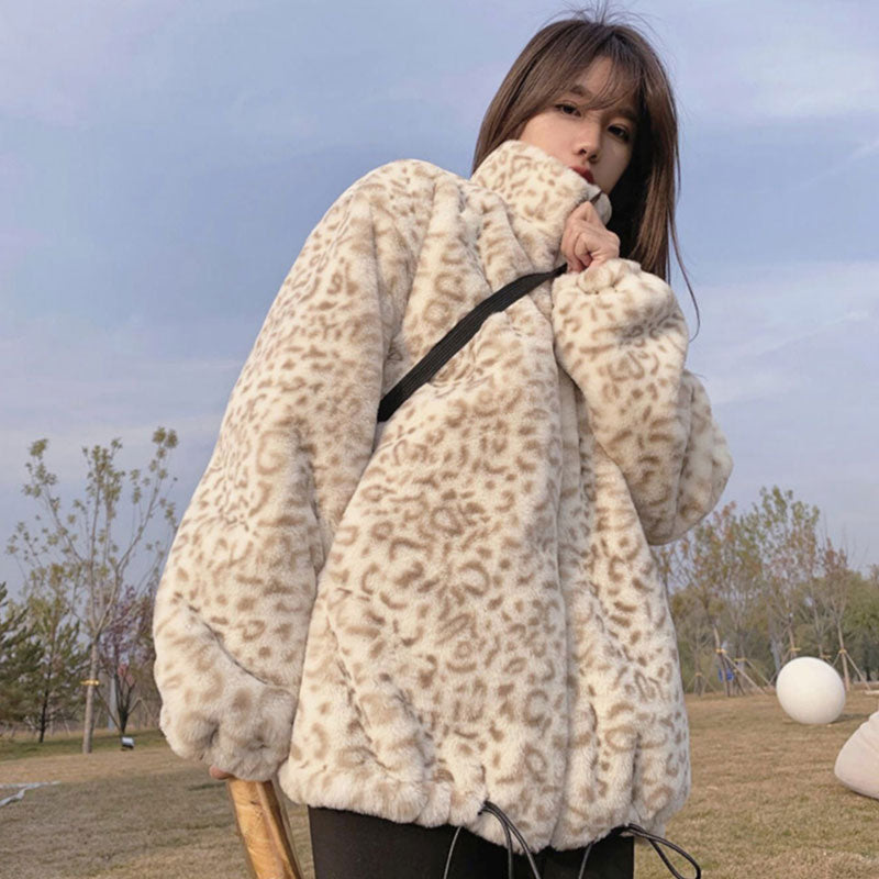 Christmas Gift 2021 new winter Korean zipper top lamb leopard plush short coat imitation Rex Rabbit Fur grass fur coat female