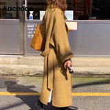 Christmas Gift Women Elegant Solid Long Wool Coat With Belt Chic Batwing Long Sleeve Pockets Loose Coat Female Autumn Winter Outerwear