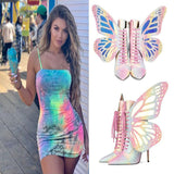 Kukombo Sexy Butterfly Wings Ankle Boots For Women Lace up High Heels Ladies Shoes Shiny Shoes Women Zapatos Mujer Botas Mujer 2022