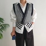 Kukombo 2022 New Spring Autumn Women Sweaters Striped Sleeveless Vest Waistcoat Knitted Vintage Wild Short Tops SWV3085JX