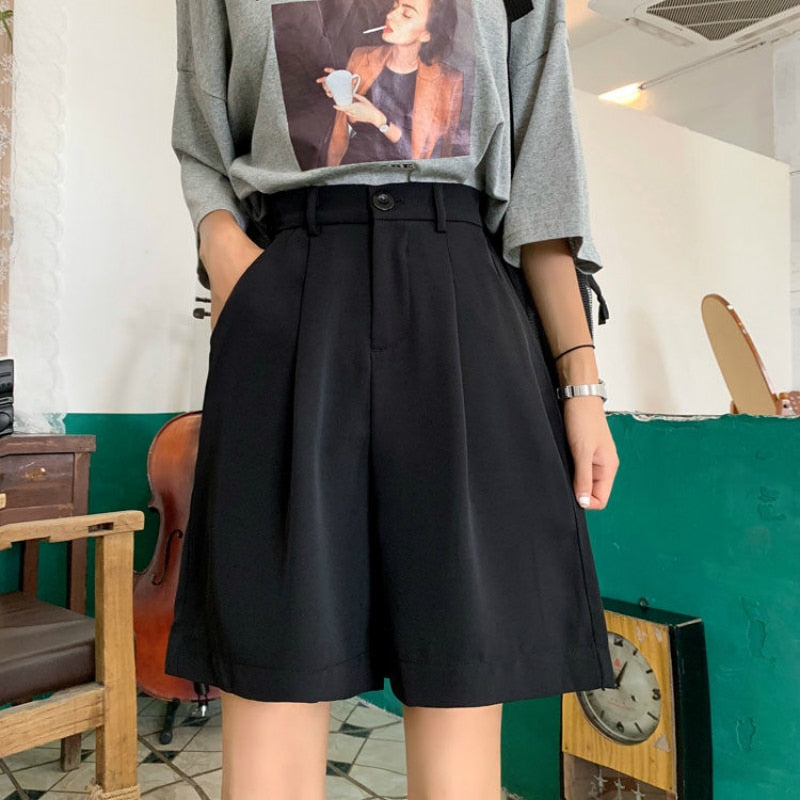 Kukombo Shorts Women Summer Button Knee-Length Black Wide-Leg Loose Drape Korean-Style Casual Womens Office BF Streetwear Fashion Simple