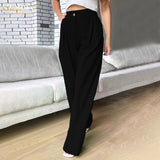 Kukombo Autumn Green Casual Womens Trouser Suits Fashion Loose Pleated Office Ladies Pants Vintage High Waist Pants For Women