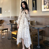 Kukombo Clothing Dresses Vestidos Print Korean Style Fashion New Long Sleeve Autumn Chiffon Pink Women