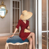Kukombo New Style Korean-Style WOMEN's Wear French-Waist Hugging A- Line V-Neck Backless Short Sleeve Dress