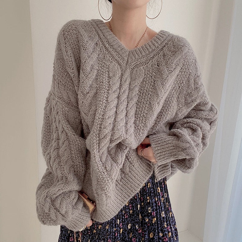 Christmas Gift Oversized Pullovers Korean Chic Lazy Style V-neck Pullover Hemp Pattern Side Fork Skin Friendly Long Sleeve Knitted Sweater