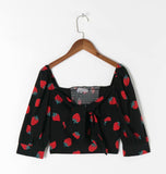 Kukombo Women Vintage Slim Elastic Tops France Floral Print Black Female Blouse Elegant Blusas Mujer De Moda Cuff Ties Chic