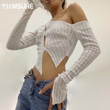 Kukombo Skew Collar T Shirt Women Hollow Out See Through Sexy Slim Solid Long Sleeve Crop Top 2022 Fashion Ladies Casual Club