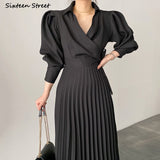 Kukombo Korean Chic Pleated Dress Woman V-Neck Apricot Elegant Long Dress Vestido Female Fall 2022 Turn-Down Neck Lace Up Dresses OL