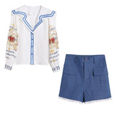 Kukombo 2022 Autumn New Short Sets Women Navy Collar Printed Long Sleeved Shirt + Lace Stitching Shorts Two-Piece Suit Female