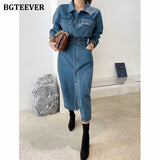 Christmas Gift BGTEEVER Fashion Chic Lapel Women Denim Dress Full Sleeve Single-breasted Pockets Slim Waist Mid-length Female Jeans Dress 2021