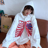 Kukombo Y2K Women's Full Zip Hoodies Pullover Long Sleeve Heart Skeleton Print Loose Hooded Sweatshirts