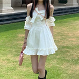 Kukombo  White Kawaii Fairy Strap Dress Women Patchwork Off Shoulder Party Mini Dresses Bow Ruffle Sweet Cute Princess Sundress K123