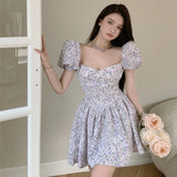 Kukombo  Sexy Mini Vintage Dress Women French Floral Print Sweet Fairy Dress 2022 Summer Beach Party Princess Dress Female Korean Elegant