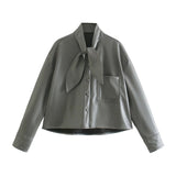 Kukombo Spring Autumn New Elegant Solid Jacket Bow Tie Women Long Sleeve Jacket PU Fashion Lady Office Coat Tops
