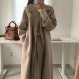 Christmas Gift Women Elegant Long Wool Coat With Belt Solid Color Long Sleeve Chic Outerwear Ladies Drop Shoulder Overcoat 2021