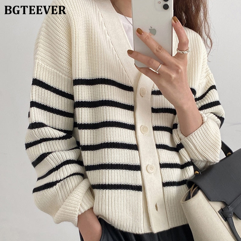 Christmas Gift BGTEEVER Autumn Winter V-neck Single-breasted Ladies Striped Sweaters Tops Full Sleeve Loose Female Knitted Cardigans 2021