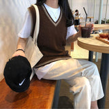 Kukombo preppy style v neck knitted sweater vest women autumn winter Patchwork sleeveless vest sweater Female pullovers Vest