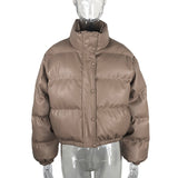 Christmas Gift Winter Thick Warm Short Parkas Women Fashion Black PU Leather Coats Ladies Elegant Zipper Cotton Jackets Female Ouwear
