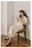 Kukombo Japanese Soft Girl College Style Maxi Dress Summer Sweet Bowknot Navy Collar Single-Breasted French Retro Dress K154