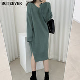 Christmas Gift BGTEEVER Casual V-neck Loose Female Long Knitted Dress Full Sleeve Side Split Autumn Winter Women Sweater Dress Vestidos