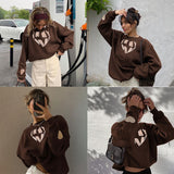 Kukombo Harajuku Oversized Hoodies Women Brown Letter Embroidery Cotton Long Sleeve Pullover Girls Casual Aesthetic Sweatshirts
