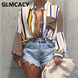 Kukombo Women Long Sleeve Button Shirt Striped Patchwork Chic Shirt Blouse