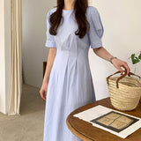 Kukombo New 2022 Women Summer Dresses Lace Up Vintage Puff Sleeve High Waist Elegant Korean Style Pure Lady Long Dress DR1338