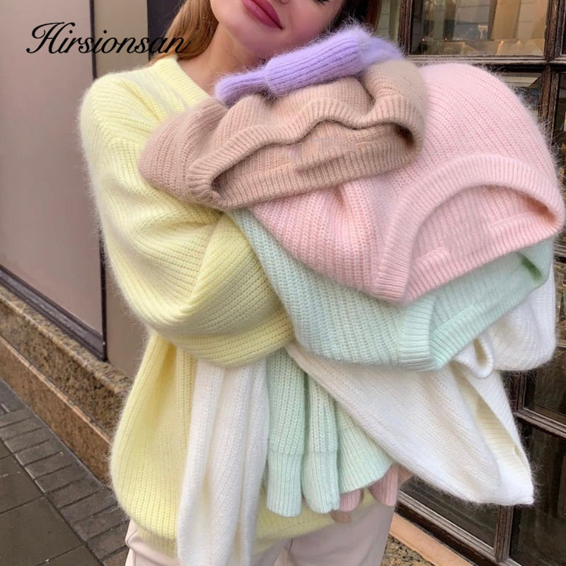 Christmas Gift Hirsionsan Soft Loose Knitted Cashmere Sweaters Women 2021 New Winter Loose Solid Female Pullovers Warm Basic Knitwear Jumper