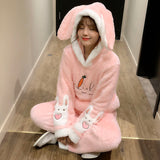 Christmas Gift Coral Velvet Pajamas Women Autumn and Winter Thicken Warmth Student Cute Cartoon Korean Loose Hooded Flannel Suit