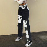 Kukombo Grey Patchwork Straight Mom Jeans Woman High Waist Pockets Boyfriend Classic Streetwear Black Pants Loose Denim
