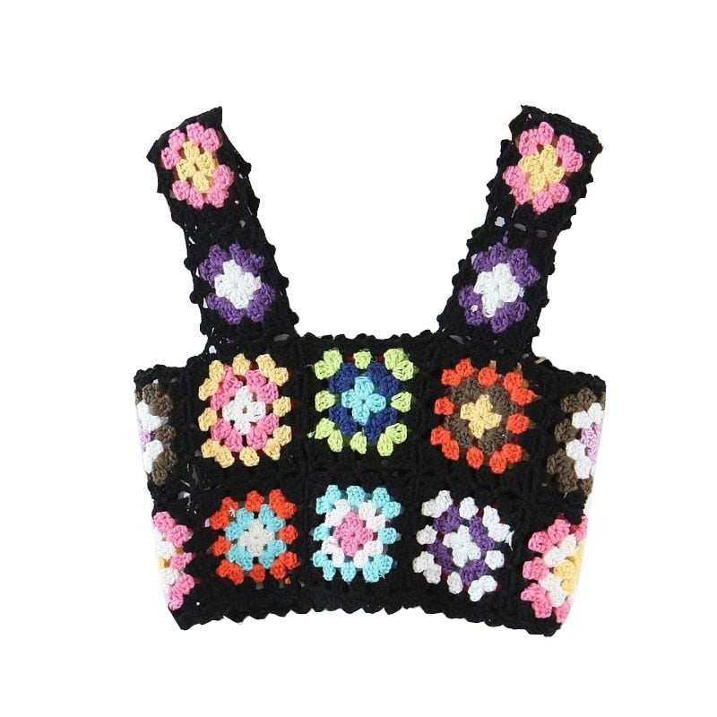 Kukombo Elegant Multi Color Handmade Crochet Tank Tops Women Summer Casual Square Neck Flower Camis High Fashion Cropped Top