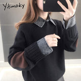 Kukombo Woman Sweater Patchwork Fake Two-piece Denim Turn-Down Collar Autumn Winter Casual Knitted Pullovers Korean Chic Top