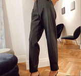 Christmas Gift Yiyiyouni High Waisted PU Leather Pants Women Casual Zipper-Up Straight Leather Trousers Women Black White Pockets Pants Female