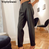 Christmas Gift Yiyiyouni High Waisted PU Leather Pants Women Casual Zipper-Up Straight Leather Trousers Women Black White Pockets Pants Female