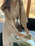 Christmas Gift New 2021 Women Spring Summer Shirt Dresses Fashionable Elegant High Waist Vintage Korean Lace Up Long Dress DR2116