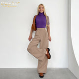Kukombo Khaki Casual Wide Leg Pants Female High Waist Office Ladies Straight Trousers Autumn Solid Loose Fashion Pants For Women